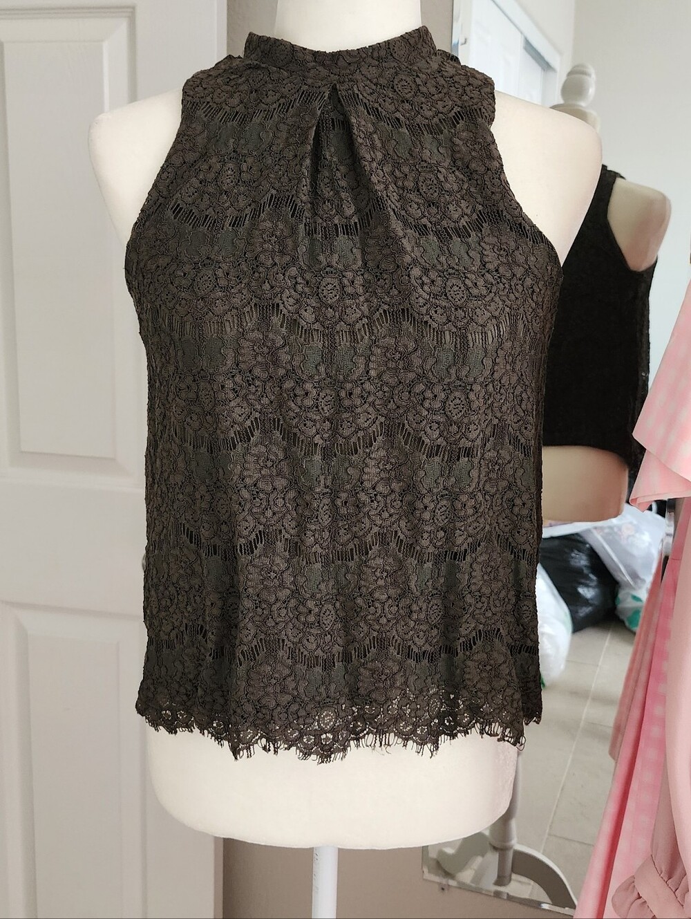 New York & Company Olive Lace High-Neck Tank